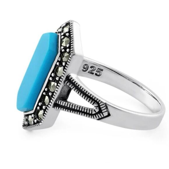 Vintage Hexagon Turquoise & Marcasite Ring – Sterling Silver Elegance - Picture 4 of 4